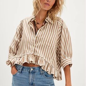 We The Free Tan and White Striped Blouse